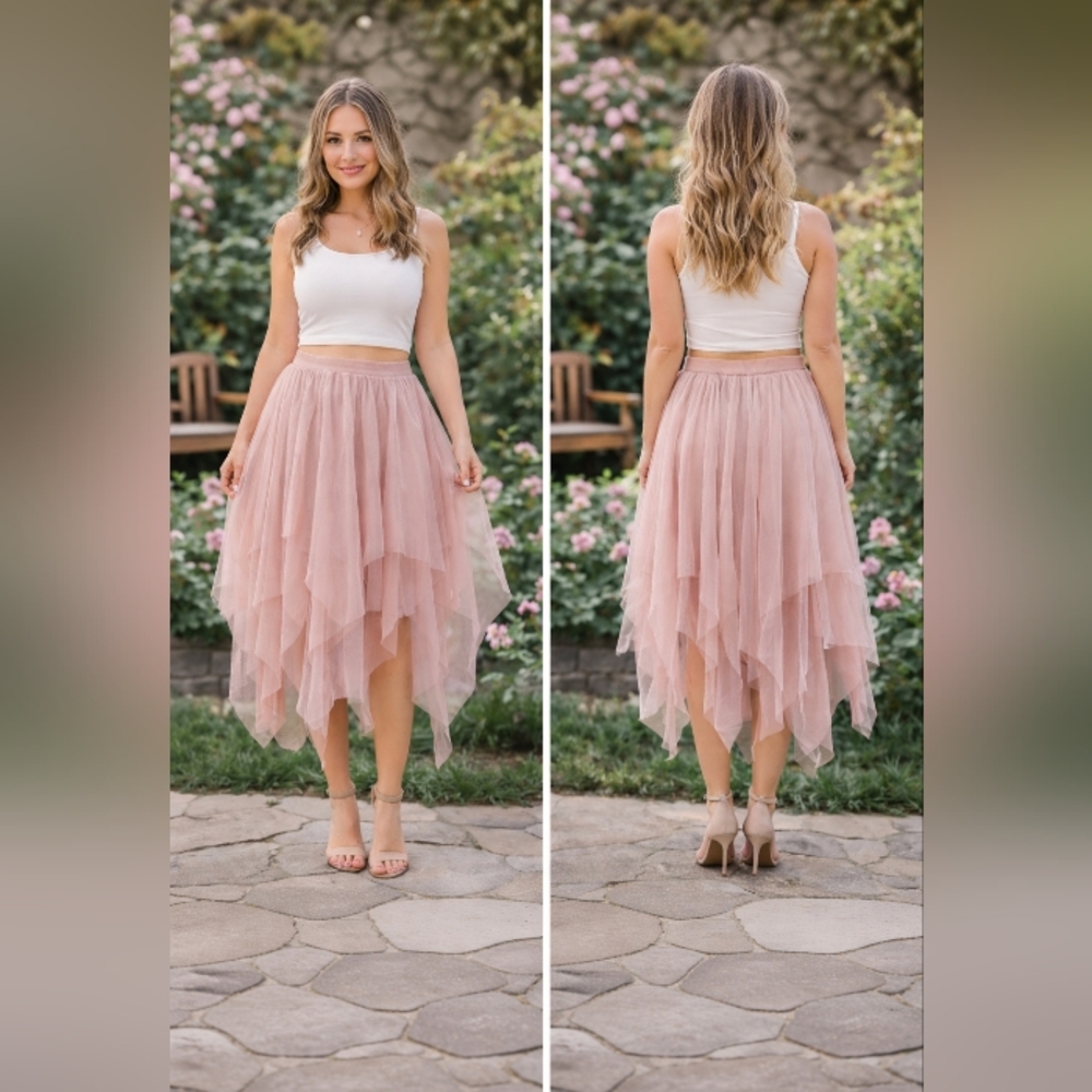 blush pink asymmetrical tulle handkerchief skirt fairy boho midi  m